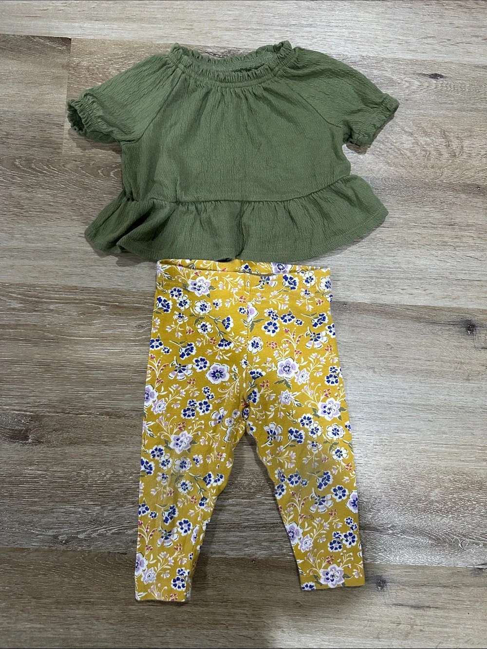 Carter's Olive Peplum Top with Yellow Floral Leggings